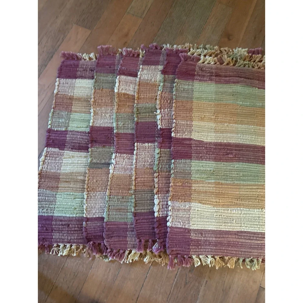 Set of 6 Hand Woven Rag Rug‎ Placemats Multicolor Plaid Boho Farmhouse Fringe